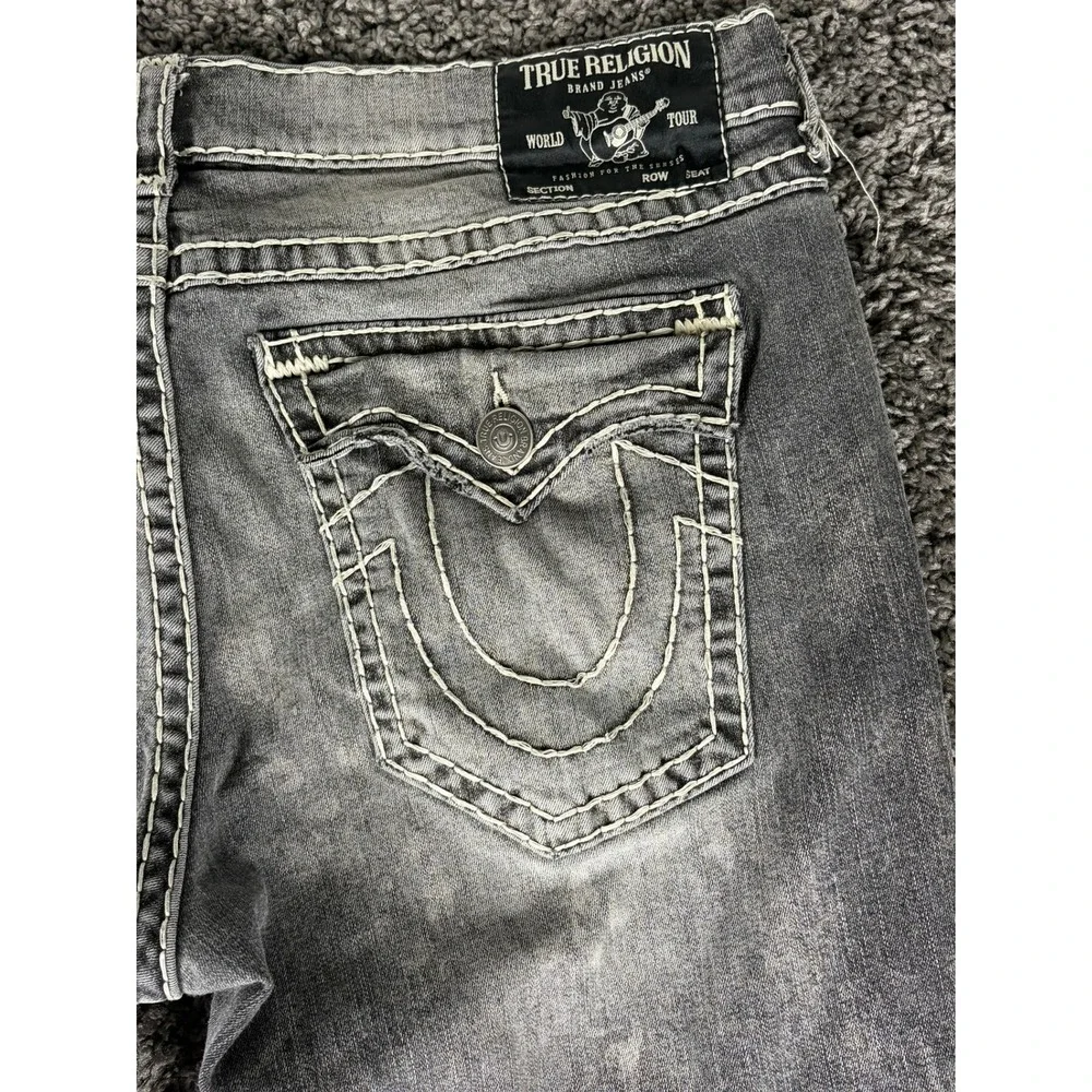 True Religion Ricky Relaxed Straight Jeans Mens 40 Grey Acid Wash White Stitch